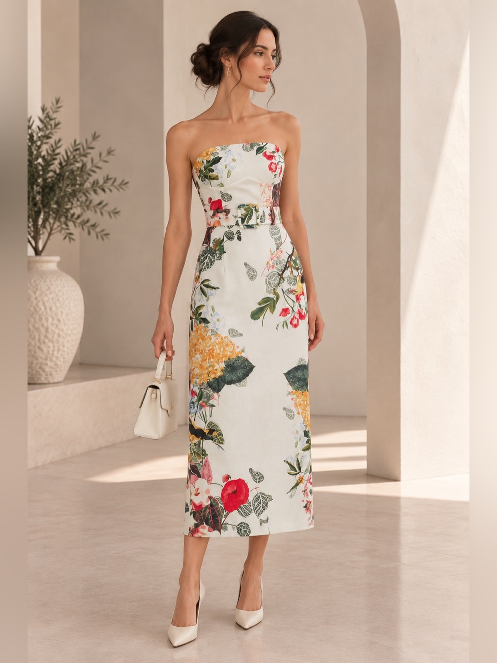 Commense Multicolor Floral Strapless Belted Maxi Dress M | Vacation